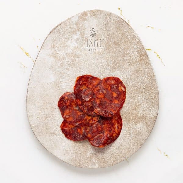 SAUCISSE CHORIZO NATURELLE ÉPICÉE NOURRIE AUX GLANDS, COUPÉE EN TRANCHES FISAN