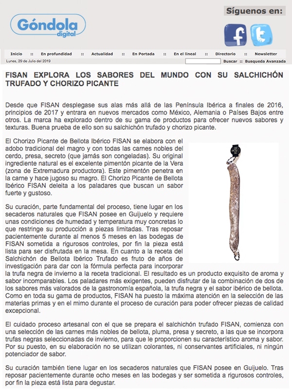 Publicación sobre FISAN EXPLORA LOS SABORES DEL MUNDO CON SU SALCHICHÓN TRUFADO Y CHORIZO PICANTE