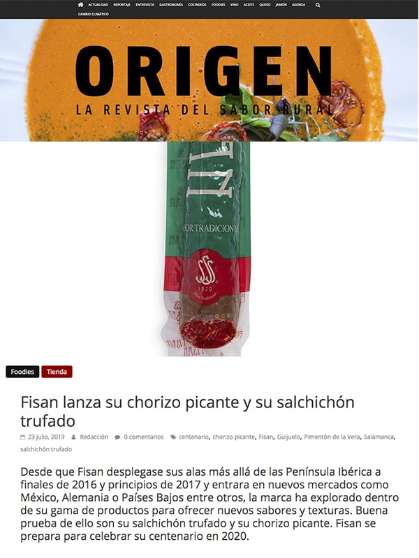 Publicación sobre lanzamiento de FISAN de su chorizo picante y su salchichón trufado