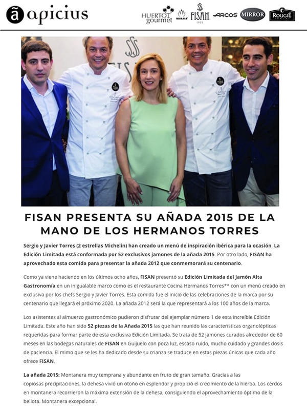 Publicación sobre PRESENTACIÓN DE AÑADA 2015 DE FISAN DE LA MANO DE LOS HERMANOS TORRES