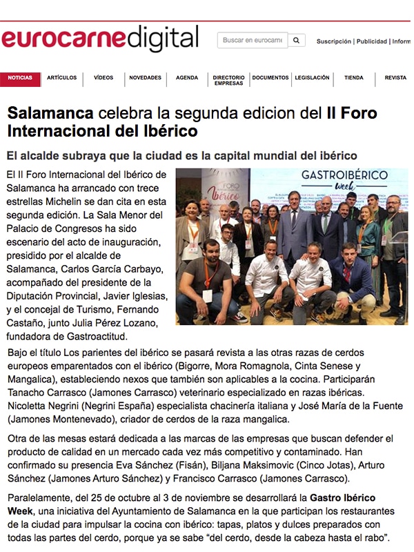 Publicación sobre II Foro Internacional del Ibérico Salamanca 2019