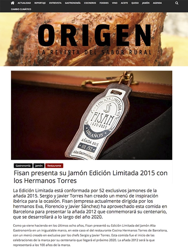 Publicación sobre jamón edición limitada 2015 con los hermanos Torres