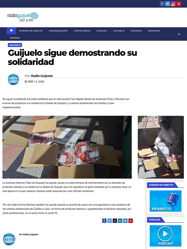 Publicación sobre solidaridad de Guijuelo en Radio Guijuelo