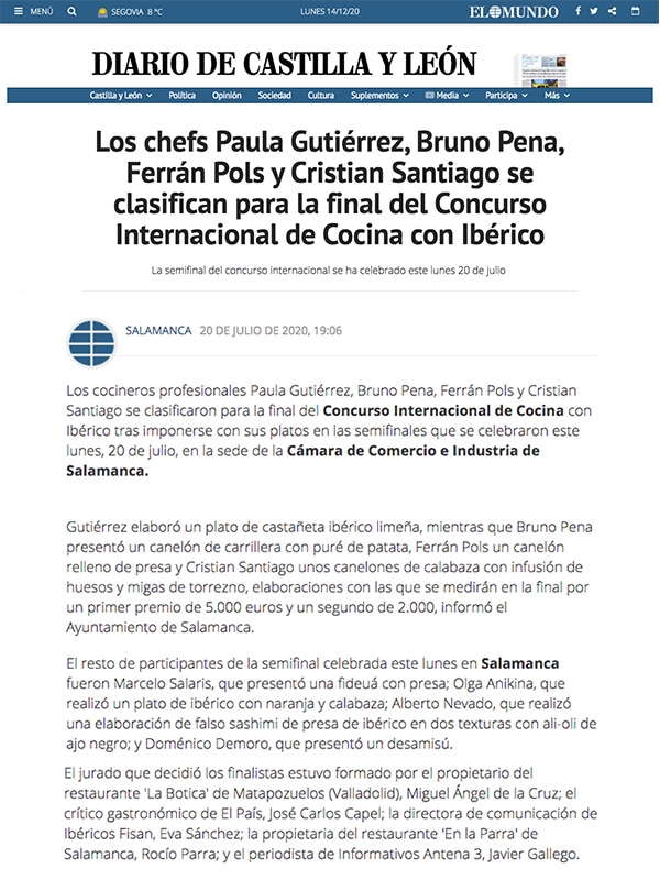 Publicación sobre Concurso Internacional de Cocina con Ibérico 2020