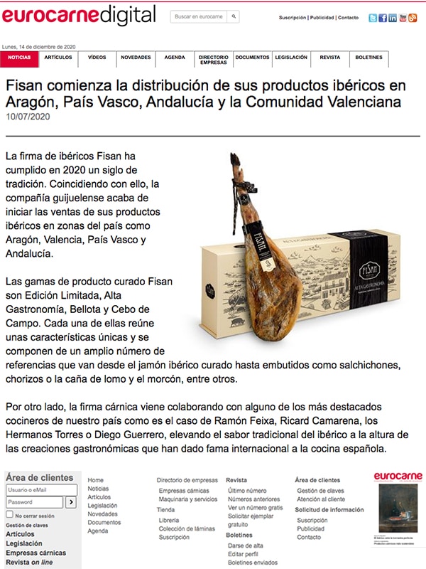 Publicación sobre distribución de productos ibéricos FISAN en Aragón, País Vasco, Andalucía y Comunidad Valenciana