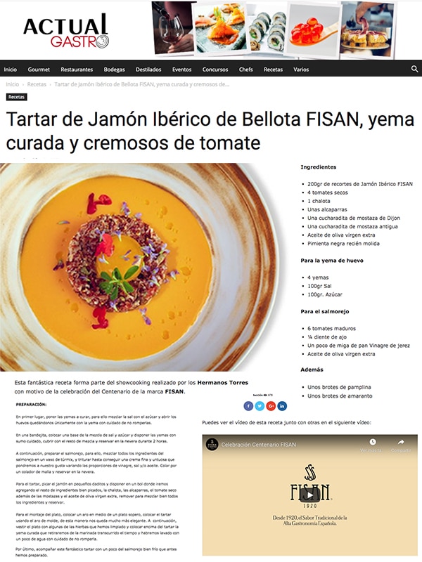 Tartar de jamón de Bellota Ibérico Alta Gastronomía FISAN con yema curada y cremoso de tomate