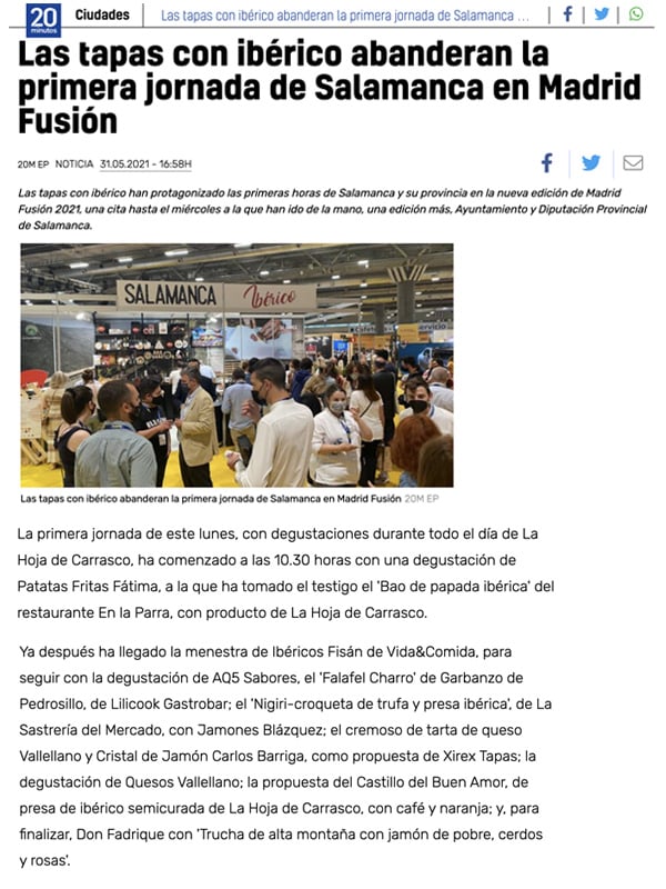 Publicación sobre FISAN en Madrid Fusión 2021 en 20 Minutos