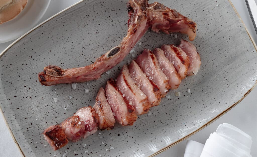 Matured FISAN Bellota Iberico pork chop, a 7-month matured gourmet delicacy